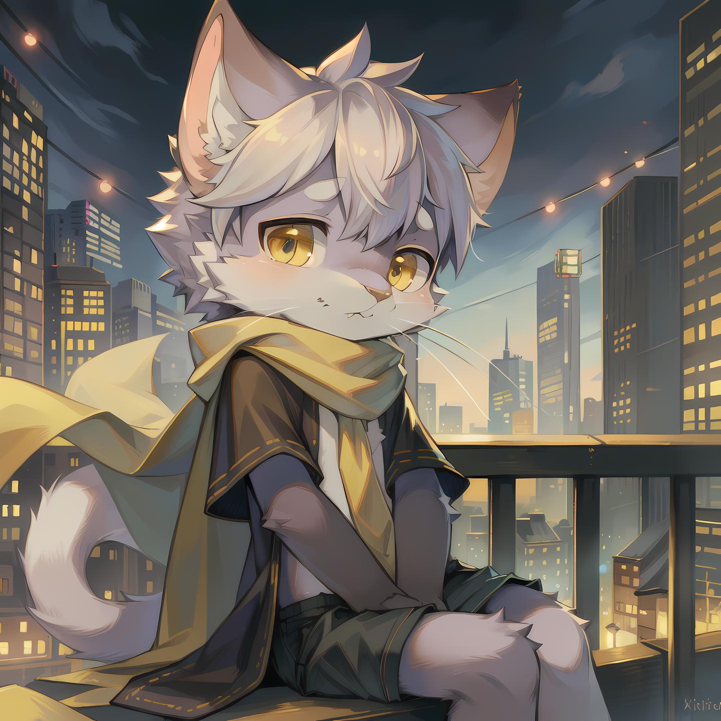 Anime cat sitting on a ledge in a city at night - SeaArt AI