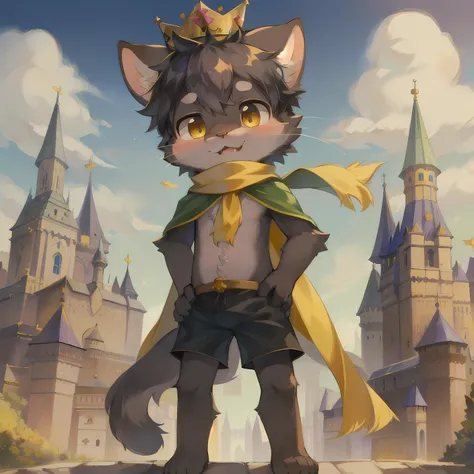 masterpiece, high quality portrait, anthro, furry, gray fur, (cub), (whiskers), solo child boy, black cape, yellow scarf, (crown), shorts, windy, [surprised:smile showing teeth:0.5], proud, hands on hip, posing, castle, full shot, (by kekitopu)