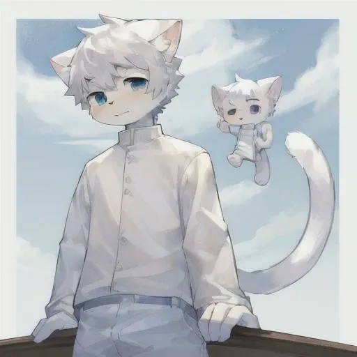 masterpiece, best quality, 1boy, right eye yellow, left eye purple, two different colors eyes, 155cm height, white cat ear, white clothes, sky blue trousers, short hair, pink in the ears, full body. A cute white cat