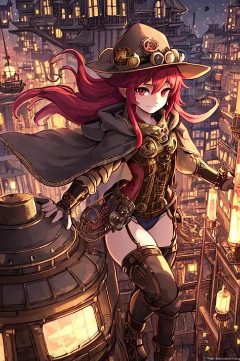 1girl, stylish pose, intricate detailed steampunk clothes, steampunk hat, cloak, smirk, slim body, (bright red long floating hair:1.2), beautiful detailed glow, detailed, Cinematic light, intricate detail, highres, rounded eyes, detailed facial features, high detail, sharp focus, smooth, aesthetic, extremely detailed, small chest, octane render,( detailed steampunk city background:1.1)