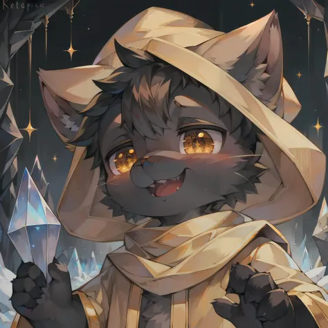 masterpiece, high quality portrait, realistic, anthro, furry, black fur, (cub), (whiskers), child, solo boy, yellow scarf, fur coat, wool hat, sparkling, crystal cave, icicles, (laughing), full shot, (by kekitopu)