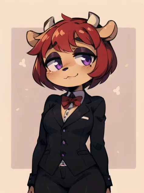 masterpiece, best quality, illustration, solo, 1girl, lammy, (furry), red hair, short hair, horns, dark purple eyes, tanned, black suit, red bowtie, (cowboy shot:1.2), <lora:LammyV1:0.9>