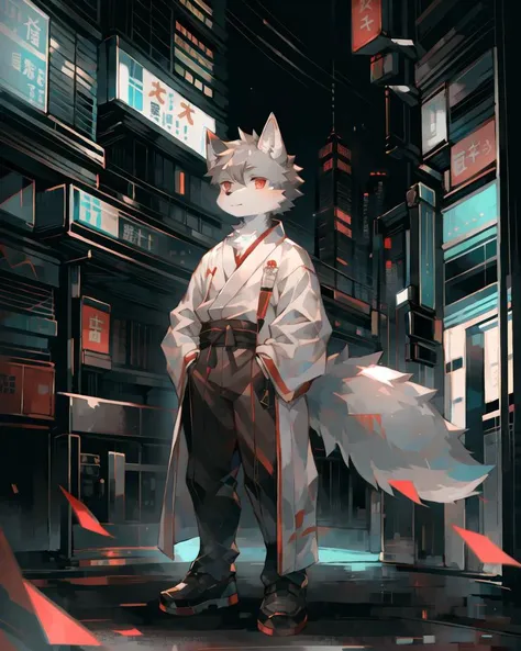masterpiece:1.2,high quality,digital painting \(artwork\),(portrait:0.5),ultra detail,perfect lighting
kemono,(1 wolf boy),short hair,grey hair, full body fur,short hair,(thick thighs:0.5), (full body:1.1), (ultra detailed),red eyes,eyesgod,solo,ultra detailed ,(tail behind hips):0.5, (white yukata):1.0,hands in pockets,looking to the side,awkward,
looking at viewer,out of frame, Hongkong, downtown, cyberpunk, skyscraper, neon lights,outdoors,on the street
