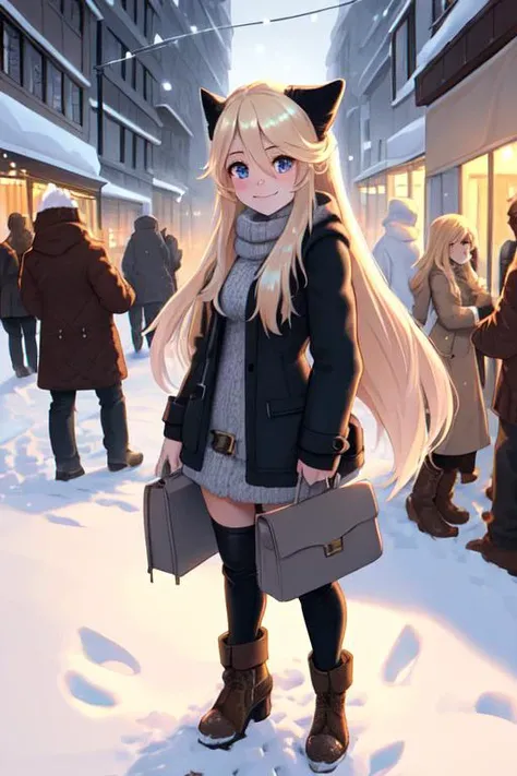 professional portrait photograph of a gorgeous Norwegian girl in winter clothing with long wavy blonde hair, sultry flirty look, (freckles), gorgeous symmetrical face, cute natural makeup, wearing elegant warm winter fashion clothing, ((standing outside in snowy city street)), stunning modern urban environment, ultra realistic, concept art, elegant, highly detailed, intricate, sharp focus, depth of field, f/1. 8, 85mm, medium shot, mid shot, (((professionally color graded))), bright soft diffused light, (volumetric fog), trending on instagram, hdr 4k, 8k