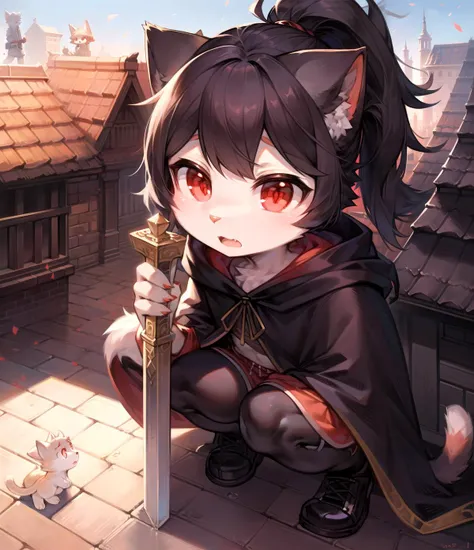 girl, grainy, black_ponytail, detailed_face, detailed_body, high_detail, masterpiece, cat,anthro, squatting, holding_detailed_Sword_in_left_hand, loose_clothes, detailed_clothes, on_roof, hooded_cloak, menacing, detailed_red_eyes, surprised_expression,