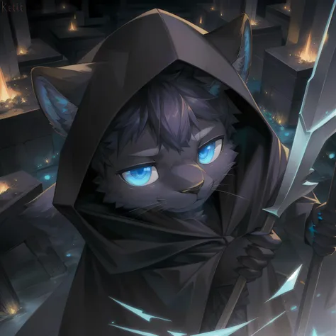 masterpiece, high quality portrait, 3D realistic CG, 16k, dramatic lighting, intricate details, sharp focus, anthro, furry, gray fur, (cub), (whiskers), solo child boy, (grim reaper), (holding scythe:1.2), black hood and robes, evil smirk, (blue fire), (floating glowing flares), graveyard, night, (by kekitopu)