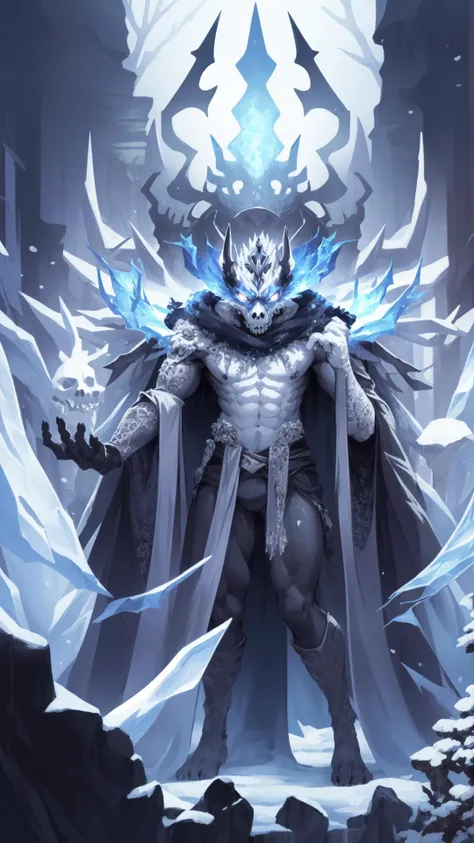 chibi, anthro, a skeletonized man with bits of flesh hanging off his bones, his skull is covered in icicles and frost, intricate carving, wearing a face mask, glowing eye sockets, wearing a frozen blue crown, chromatic aberration, depth of field, soft lighting, masterpiece, best quality, intricate, tone mapped, highly detailed, artstation, concept art, smooth, sharp focus, dramatic lighting, highly detailed artwork, cinematic, hyper realistic painting, trending on Artstation, 8K, incredible shadows, realistic, (highly detailed background:1.0)