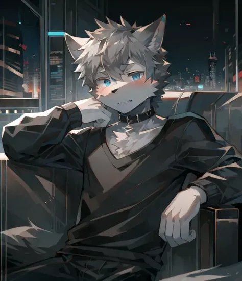(masterpiece:1.2),(anatomically correct:1.1), (high quality:1.5), (((solo male anthropomorphic))) ,[digital painting \(artwork\)::0.8]
kemono,(1 wolf boy),cub:0.5,11 years old,(motion lines:1.1),[watercolour (artwork):0.6],blue eyes,black sunglasses,collar,( face to camera),detail face,full body fur,short hair,grey hair,couch
outdoors,city,cyberpunk, Tokyo,Downtown,at morning,sunlight,sunny,