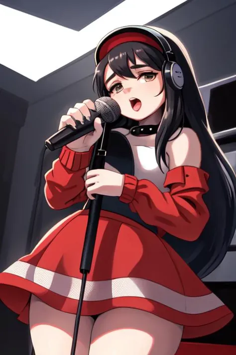 girl, sitting on speaker set, brown hair, red dress, girlfriend, looking at viewer, sitting on bed, smile, open mouth, barefoot, feet, red nails, red nail polish, red toenails