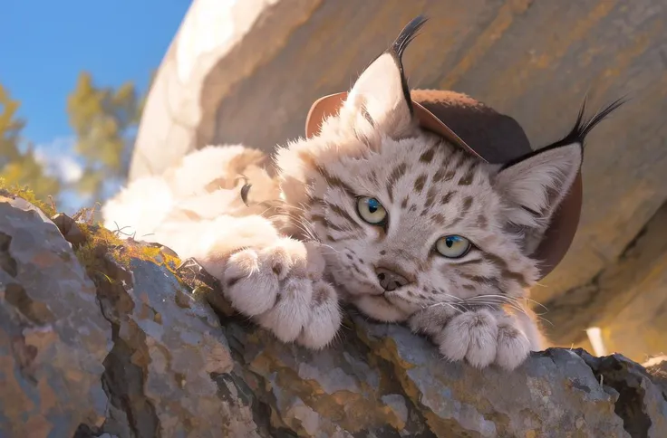 masterpiece, best quality,highres,perfect lighting,4k,hdr,big paws,(big hat:1.2),summer,blue sky
lynx,lynxcat,sheli,canada lynx,(kitten:1.3),short tail,big eyes,looking at viewer,
<lora:Lynx:0.8>