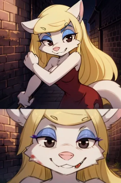 1girl, MinervaMinkCzar,(furry, furry female, full body), (animal ears, long tail, blonde tail:1.3, pink nose, snout, white fur, swept bangs, long hair, blonde hair, makeup, black eyes, black eyebrows, blue eyeshadow), (red dress, torn clothing, defensive, defensive pose, holding, holding axe, bloodstain), (outdoor, night, zombies, grabbing from behind:1.2, alley), (masterpiece:1.2), hires, (detailed face:1.2), (detailed eyes:1.2), ultra-high resolution, 8K, high quality, (sharp focus:1.2), clean, crisp, cinematic, <lora:Minerva_Mink-v1:0.6>