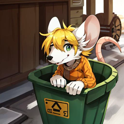 1girl, young woman, mouse ashley, orange sweater, looking at viewer, small muzzle, <lora:moushley:0.8>, rat tail, plaid green skirt, blonde hair, hiding in a dumpster, detailed face, cute face