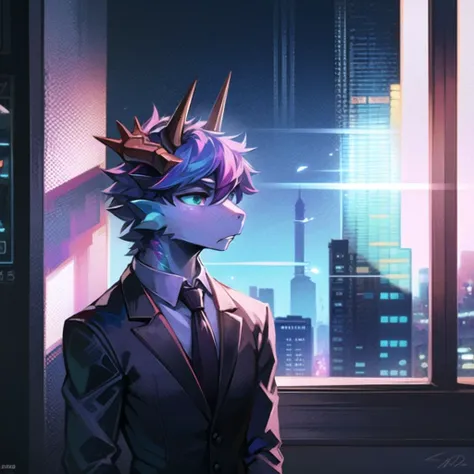 1boy, dragon boy, (scalie:1.4), (suit:1.4), furrowed brows, sad, black short hair with (cyan) highlights, metal tail, metal hand, dragon horns,highly detailed, balcony, (best quality), (cyberpunk), sfw, (masterpiece), hologram, (high resolution), close up.