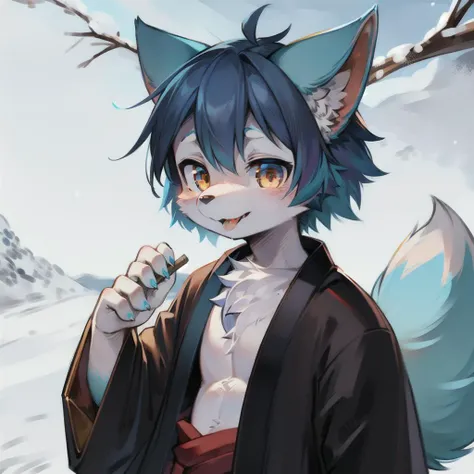 furry, snow, solo, white_hair, white fur, (dark environment:0.8),masterpiece, high quality, absurd res, digital painting \(artwork\), by dagasi,(white yukata):1.0,(anthro,fluffy fur,character focus:1.1),anthro male fox,short hair,portrait, bright eyes,panorama,character focus.(detailed background:0.7),solo,furry,furry male (Full body fur, fluffy tail, blue fur,gold eyes, white bellyï¼Bright blue hair,  hair:1.2) Smile slightly,looking at viewer,Stick out tongue slightly,full body, white background