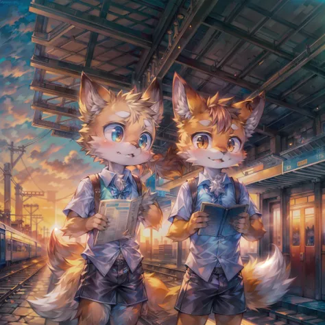 masterpiece, best quality, intricate details, professional illustration, anthro, furry, whiskers, two child fox boys, school uniform, shorts, school bag, holding map, confused, sunset, train station, (by kekitopu:1.1) AS-YoungerV2 <lora:add_detail:0.4> <lora:more_details:0.4>
