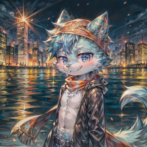 masterpiece, best quality, intricate details, professional illustration, anthro, blue furry, (whiskers), solo child boy, scarf, bandana, hoodie, cross arm, smirk, city, far shot, (by kekitopu:1.1) <lora:more_details:0.4> <lora:add_detail:0.4> AS-YoungerV2 advntr