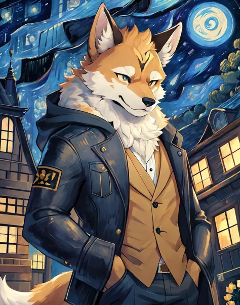 cyberpunk wolf and shiba,handsome face,fluffy fur, fur details
gorgeous background,
fluffy tail,
anthro,furry,male
masterpiece, fantasy,
highres,