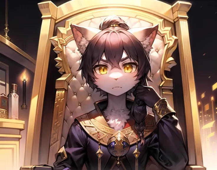 king, looking at viewer, holding, jewelry, earrings, bracelet, crown, throne, masterpiece, SFW, safe, hires, absurdres, purple hair, short hair, wavy hair, fluffy hair, ahoge, devil horns, magenta eyes, pink eyes, pale skin, 1 fang, 1fang, fang, wings, demon wings, beauty mark, bear ears, kemonomimi, bear girl, demon girl, wavy bangs, bangs, 1girl, solo, alone, flat chest, small breasts, demon horns, baggy clothes, fully clothed, covered chest, demon tail, bear tail, swept bangs, wispy bangs, bags under eyes, purple bear ears, eyeliner, emo, alternative fashion, streetwear, street fashion, half closed eyes, half-closed eyes, lidded eyes, bored, smiling, smile, fanged smile, sleepy, friendly, shy, purple, no ears, devil horns, demon horns, young, chains, accessories, (masterpiece, best quality:1)