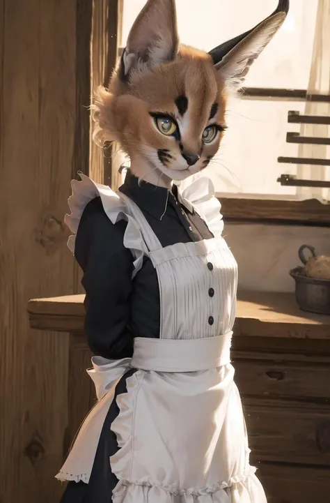 masterpiece, best quality,1girl,furry,cowboy shot
caracal,caracalcat,ningmao,kitten,adorable,maid dresss,arms behind back, looking at viewer,
<lora:Caracal:0.9>