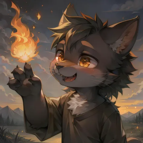 masterpiece, high quality landscape, realistic, anthro, furry, black fur, (cub), (whiskers), child, solo boy, wearing rags, (laughing), full shot, fiery background, ((magic)), (by kekitopu)