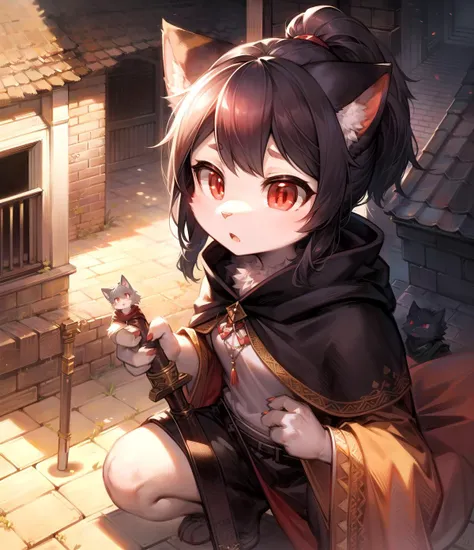 girl, grainy, black_ponytail, detailed_face, detailed_body, high_detail, masterpiece, cat,anthro, squatting, holding_detailed_Sword_in_left_hand, loose_clothes, detailed_clothes, on_roof, hooded_cloak, menacing, detailed_red_eyes, surprised_expression,