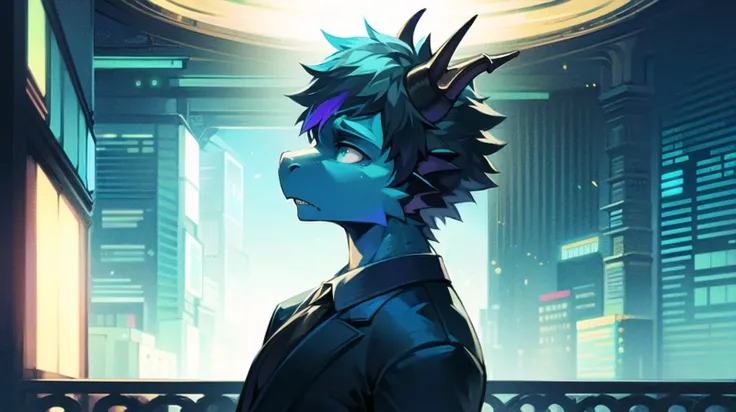 1boy, dragon boy, (scalie:1.4), (suit:1.4), furrowed brows, sad, black short hair with (cyan) highlights, metal tail, metal hand, dragon horns,highly detailed, balcony, (best quality), (cyberpunk), sfw, (masterpiece), hologram, (high resolution), from the side, close up.