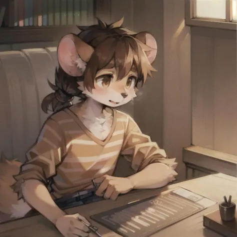 1boy,mouse boy, (furry:1.4), light brown fur,body fur,light brown hair tied into a low ponytail, hazel eyes, french hat, striped shirt, paintbrush, pants, (best quality),(high resolution).