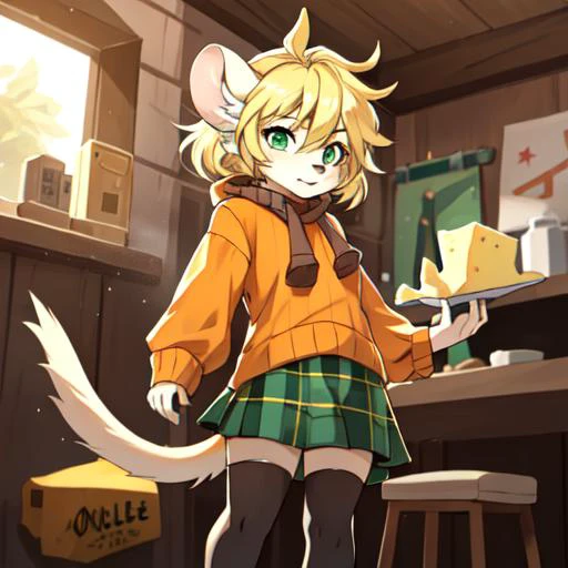 1girl, young woman, moushley, orange sweater, looking at viewer, small muzzle, <lora:moushley:0.8>, rat tail, plaid green skirt, blonde hair, holding cheese