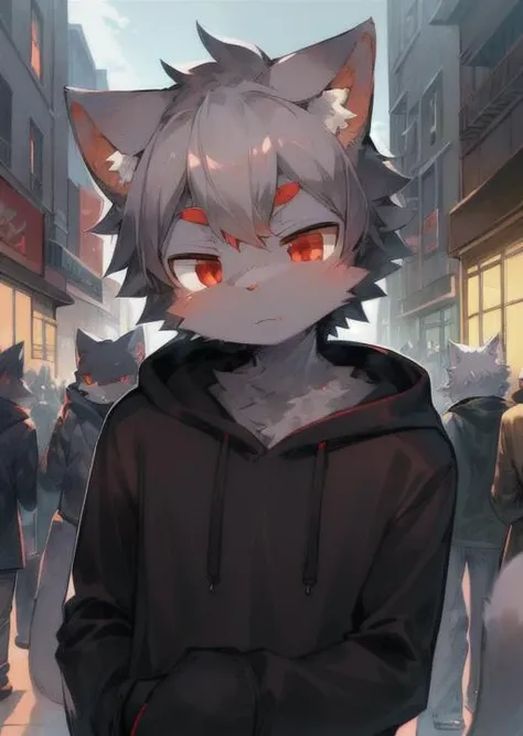 (furry:1.2),(deep gray furry cat,red eyes,black hoodie, boy, handsome:1.2),(masterpiece,detailed eyes, detailed face,high quality, absurd res,kemono:1.2),(random background, crowded opensky citystreet, random  face to camera, unconcerned, harmony scene,light space)