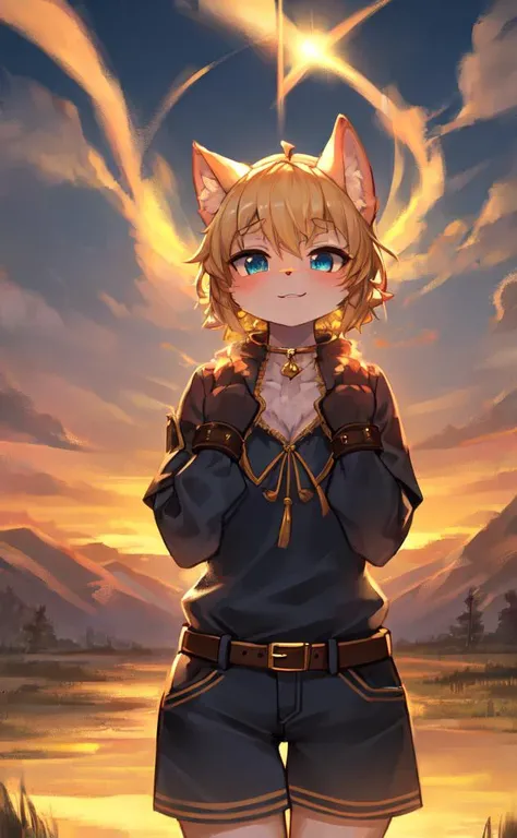 nsfw,1boy,cat boy,(furry:1.5),(Single:2.5),(((light blue fur))),blue eyes,blonde hair,body fur,solo,petite,short hair,delicate muscle line,(thick thighs:0.5),(curvy),(thin short tail: 1.5),circlet,six-pack abs,Heroes,neck ring,bracelet,anklet,
full body,((((outdoors)))),belt,
(Smooth and shiny gold shorts: 1.5),(separated legs),
realistic, dusk,mountainous horizon, backlighting,Ground reflection,cloud,
beautiful detailed eyes,detailed,masterpiece,ultra-detailed,illustration,8k_wallpaper,colorful,best quality,Exquisite decoration, exquisite patterns,detailed light,gorgeous,Clear picture,reflection light,detailed background,(ultra-detailed:1.1),god rays,ray tracing,