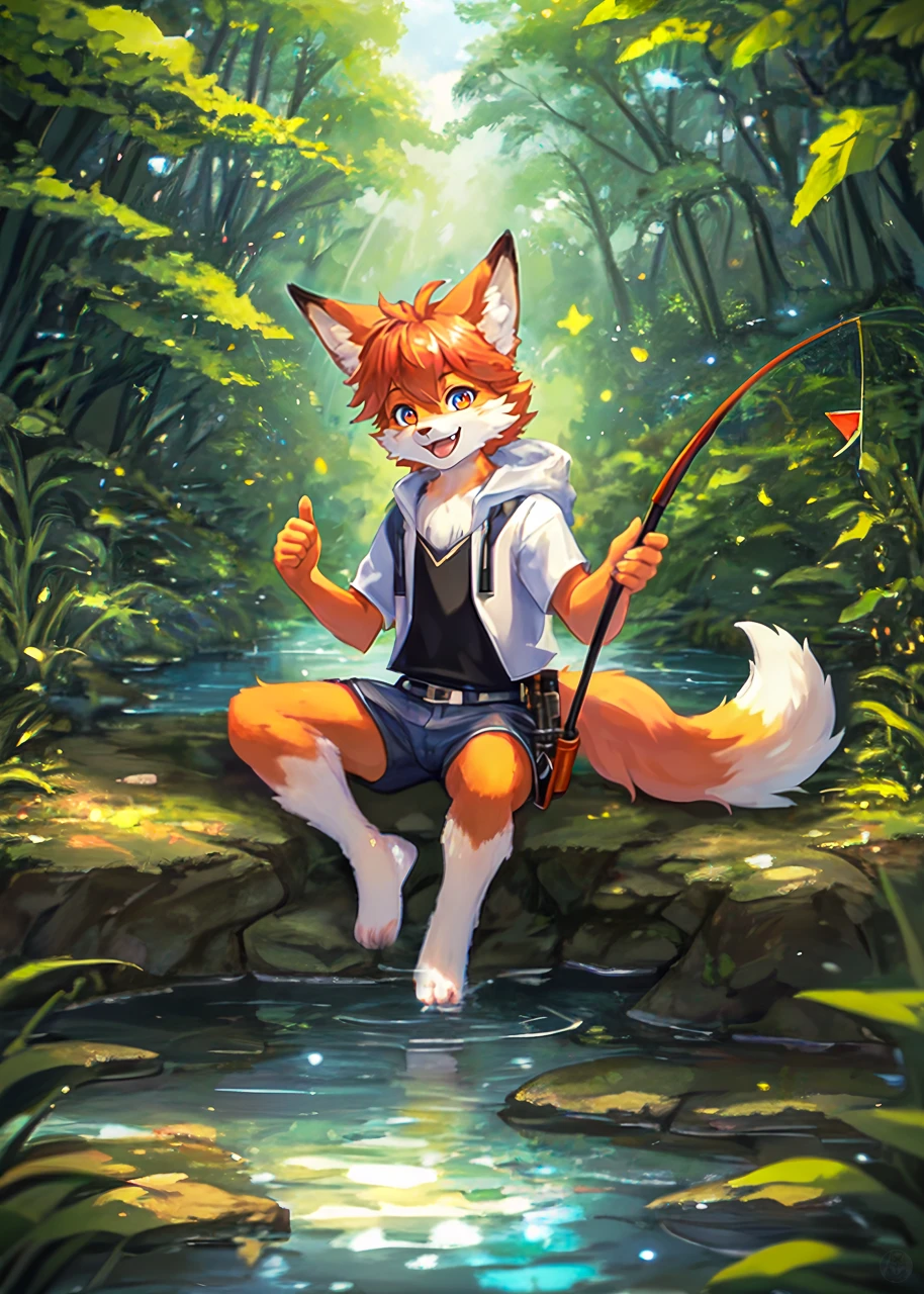 ((solo)), beautiful scene of an (Anthro furry fox boy), fishing in a creek, butterfly, ((happy, laughing, detailed face, detailed big clear eyes)), natural soft lighting, 8k, SFW, summer , peaceful , hires, (fluffy paws), clothed,