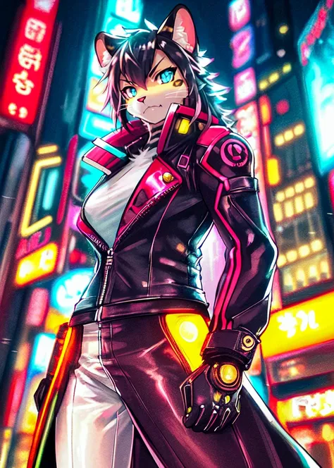 ((solo)), cinematic wide angle of an handsome (Anthro furry leopard female,) cyberpunk, Tokyo, night street, neon lights, dynamic posing, ((beautiful, powerful, serious, strong, detailed feline face, big detailed clear eyes), looking away), natural soft lighting, 8k, SFW, peaceful , hires, fluffy, leather suit, muscular