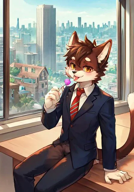 solo, cafe, window, skyline, sitting, 1boy, cat, long tail, (furry:1.0), (anthro:1.0), suit, necktie, holding food, lollipop, smile, messy hair, detailed fur, brown fur, :3, :p, tongue out, cute,