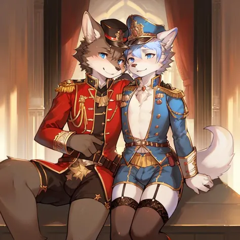 (best quality, best detail, perfect detailed face, perfect detailed eyes, looking at viewer, uploaded on e621, by michael garmash, pino daeni, murazaki, Ruan Jia, Hioshiru, zackary911, pgm300). (anthro, furry, canid, wolf, 2boys, duo, cuddling, male, girly, femboy, flat chest, bangs, athletic), ((wearing intricate detailed napoleonic soldier uniform, intricate detailed victorian soldier uniform, ceremonial military jacket, epaulette)), furgonomics, headwear, blazer, ((shorts)), (garter straps, absolute territory), thigh highs,