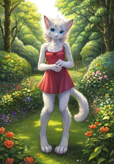 1girl, solo, garden, standing, cat, furry, (digitigrade:0.8), paws, white fur, head tilt, sundress, blue eyes, skinny, realistic, acrylic paint \(medium\), sunbeam, hdr, own hands together,