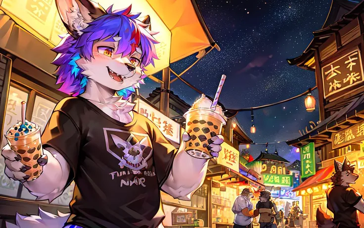 (furry, anthro, 🐺, fluffy,chubby), (colorful hair:1.1), 😀, (epic fantasy night market:1.2), (crowded furry ), (detailed 🐺 face, detailed clear eyes:1.1), t-shirt, (lanterns:0.2), foods,(Bubble tea), masterpiece, 8k, hires, detailed Chunie lighting, 4 fingers,