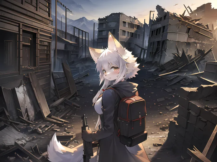(best quality), ((masterpiece)), (illustration), (ultra-detailed), ((anthro)), ((furry)), ((kemono)), ((female furry)), ((furry_female)),
1girl, solo, apocalypse, gun, long coat, backpack, plants, cowboy shot, rubble, ruin, buildings