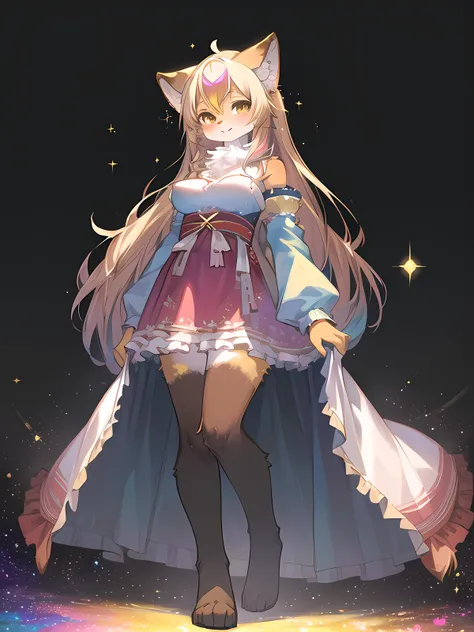 (best quality), ((masterpiece)), (illustration), (ultra-detailed), (anthro), (furry), (kemono), (female furry), (furry_female),
1girl, solo, colorful dress, colorful background, long hair, sparkles, full body