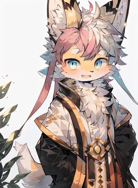 (1boy:1.3),cat boy,(furry:1.5),light blue fur,blue eyes,blonde hair,body fur, ultra cute face,beautiful lights and shadows, ambient light, ultra detailed fur, full body, 
perfect lighting, light particles, (masterpiece), (ultra detailed), sharp focus, light particles, niji, eyesgod, blush, colored hair, long hair, silver hair, pink hair, smile, solo, looking at viewer, smile, solo, furry, animal ear fluff, open clothes, tail, open mouth, depth of field, (best quality)  <lora:40 niji-000002:0.8>,jw3,(chinese art),long dress,