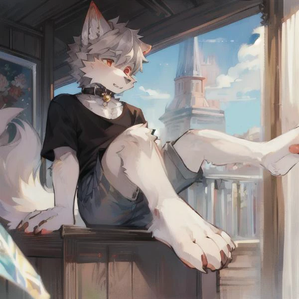 (masterpiece:1.2),(anatomically correct:1.1), (high quality:1.5), (((solo male anthropomorphic))) kemono furry_transformation wolf fursona,1 wolf boy,black fur,crystal red eyes, (sky bule nose),white hands paws, white feet, canine hands, (detail canine feet:1.2),4 toes, black beans, detail beans,((1 wolf boy)),[digital painting \(artwork\)::0.8], 4 toes, canine feet, (motion lines:1.1),single fluffy tail,[watercolor (artwork):0.6],collar,kemono,grey hair, short hair, T-shirts,gray short pants