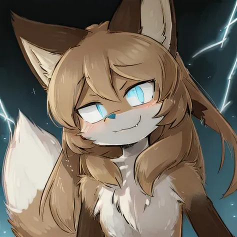 <lora:Averiv0.9:0.8>, foxgirl, 1girl, fox (Anthro, chest fluff, fluffy ears,realistic proportions, anthro proportions, furry, crazy, no pupils, no iris, Aniridia, Aniridia syndrome, lifeless eyes, evil, scheeming, saitama, ultra instinct, raw power, hyper power, serious, glowing eyes, glowing blue eyes), good quality, hq, fur reflecting lights, clouds, shading, vignette, looking at viewer, complex background, blue atmosphere, low-tier god, god, vibrant colors, black clouds, lightning, lightning from the sky, glow, character glow, smug, smirk, dead eyes, eye contact, dead look into viewer, strong wind, from below pov, night, noon, spark of light, realistic, hyperrealistic, hyperrealism, illustration, masterpiece, artwork, bright, fur reflecting light, sun rays, light rays,
