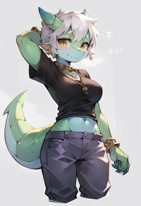 (1girl, solo), (kobold_girl, monster_girl:1.2), (anthro_female_kobold:1.2), hazel eyes, green skin, scales, skin scales, white scales, pants, white pants, shirt, black shirt, bracelet, necklace, earrings, standing, short sleeves, skirt