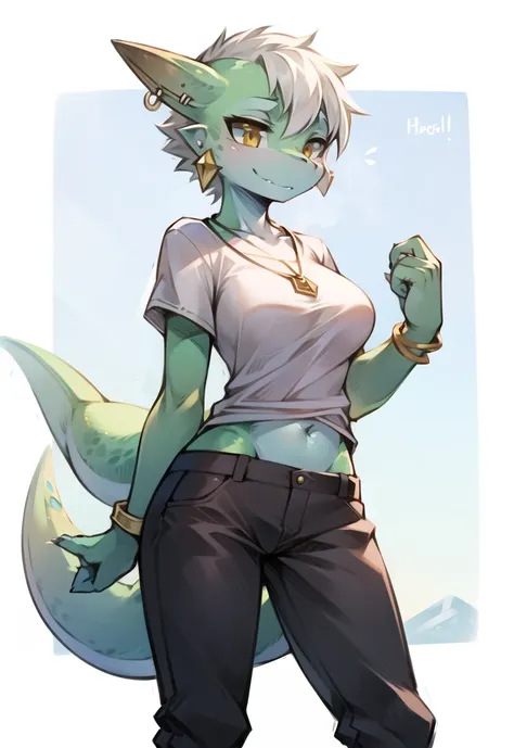 (kobold_girl, monster_girl:1.2), (anthro_female_kobold:1.2), hazel eyes, green skin, scales, skin scales, white scales, pants, white pants, shirt, white shirt, bracelet, necklace, earrings, standing, short sleeves, skirt