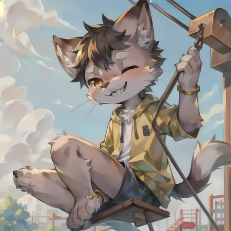 masterpiece, high quality portrait, anthro, furry, gray fur, (cub), (whiskers), solo child boy, friendship bracelet, (playground swing), casual wear, yellow outerwear, (smile eyes closed showing teeth), outdoors, (by kekitopu)