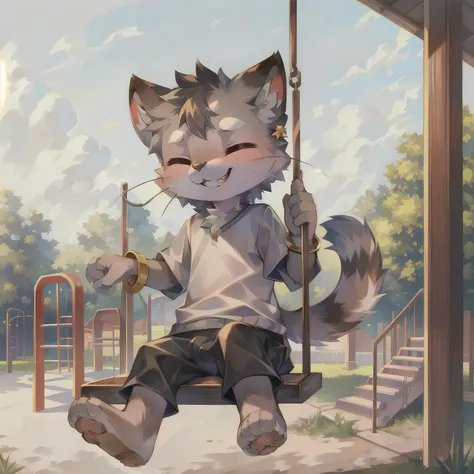 masterpiece, high quality portrait, anthro, furry, gray fur, (cub), (whiskers), solo child boy, bracelet, (playground swing), casual wear, (smile eyes closed showing teeth), outdoors, (by kekitopu)