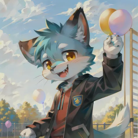 masterpiece, high quality portrait, realistic, anthro, furry, cyan fur, (cub), (whiskers), solo child boy, playground, jacket, holding balloons, posing, (laughing), (full shot), (by felino), (by kekitopu)