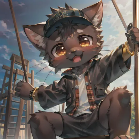 masterpiece, high quality portrait, 3D realistic CG, dramatic lighting, intricate details, sharp focus, 16k, anthro, furry, black fur, (cub), (whiskers), solo child boy, friendship bracelet, (on swing), casual wear, plaid outerwear, cap, (laughing), playground, (by kekitopu)