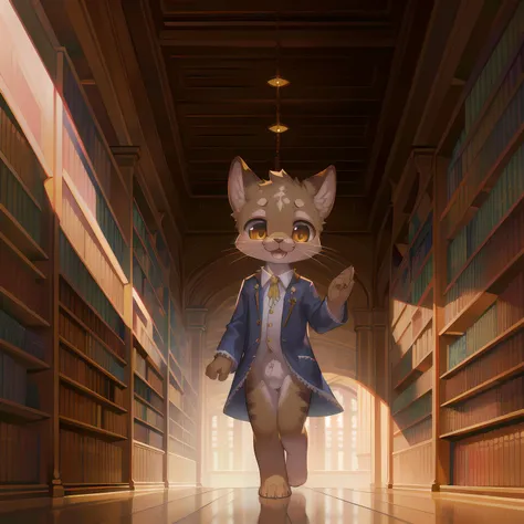 masterpiece, high quality portrait, 3D realistic CG, dramatic lighting, intricate details, sharp focus, 16k, anthro, furry, (cub), (whiskers), solo child boy, graduation gown, library, (happy), (walking), [by kekitopu : by twang: 0.5]