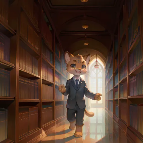 masterpiece, high quality portrait, 3D realistic CG, dramatic lighting, intricate details, sharp focus, 16k, anthro, furry, (cub), (whiskers), solo child boy, scholar clothes, library, (happy), (walking), [by kekitopu : by twang: 0.5]