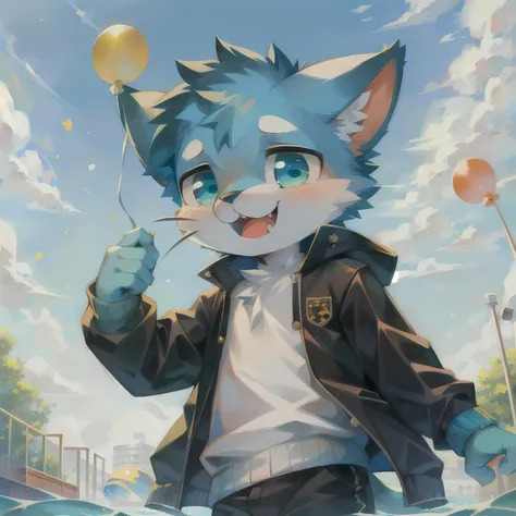 masterpiece, high quality portrait, realistic, anthro, furry, cyan fur, (cub), (whiskers), solo child boy, water park, jacket, holding balloons, posing, (laughing), (full shot), (by felino), (by kekitopu)